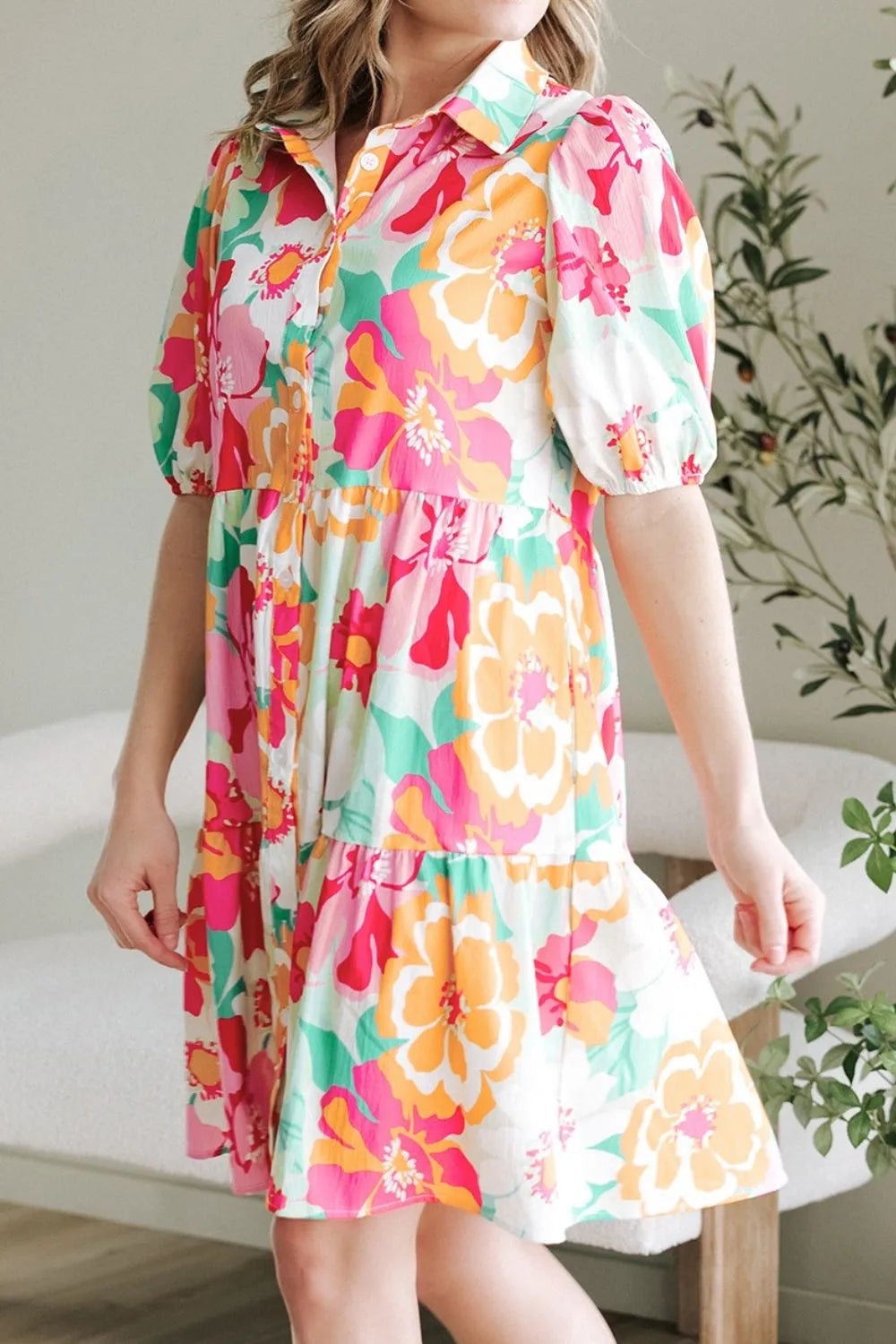 Button Down Floral Puff Sleeve Babydoll Dress 