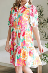 Button Down Floral Puff Sleeve Babydoll Dress 