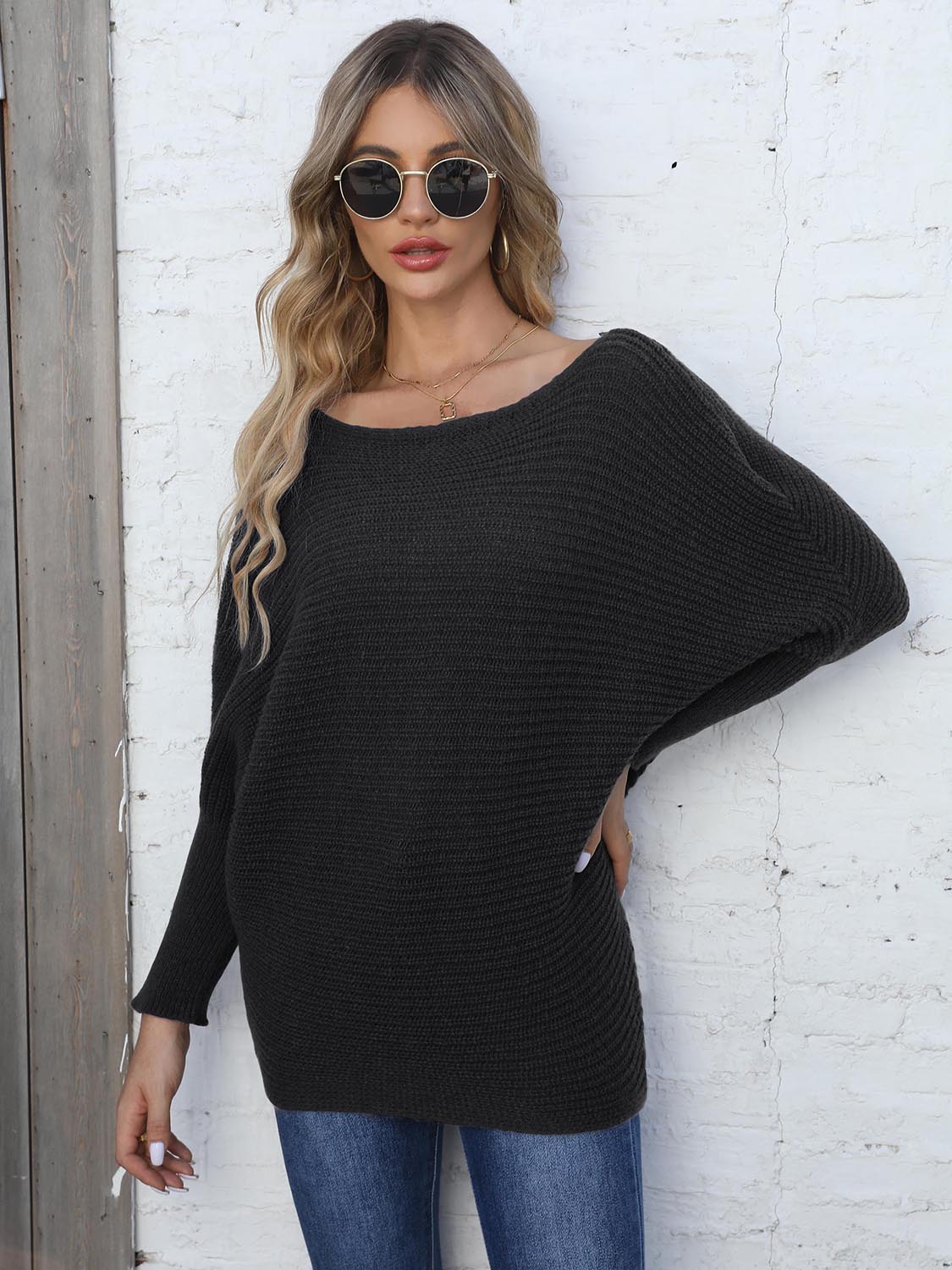 Full Size Horizontal Ribbing Dolman Sleeve Sweater 