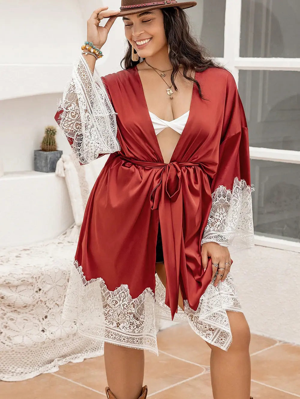 Plus Size Lace Patchwork Tie Front Robe 