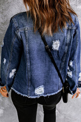 Mixed Print Distressed Button Front Denim Jacket 