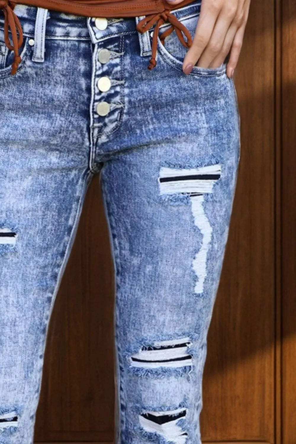 Distressed Button-Fly Bootcut Jeans with Pockets 