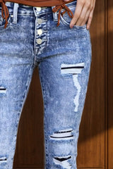 Distressed Button-Fly Bootcut Jeans with Pockets 