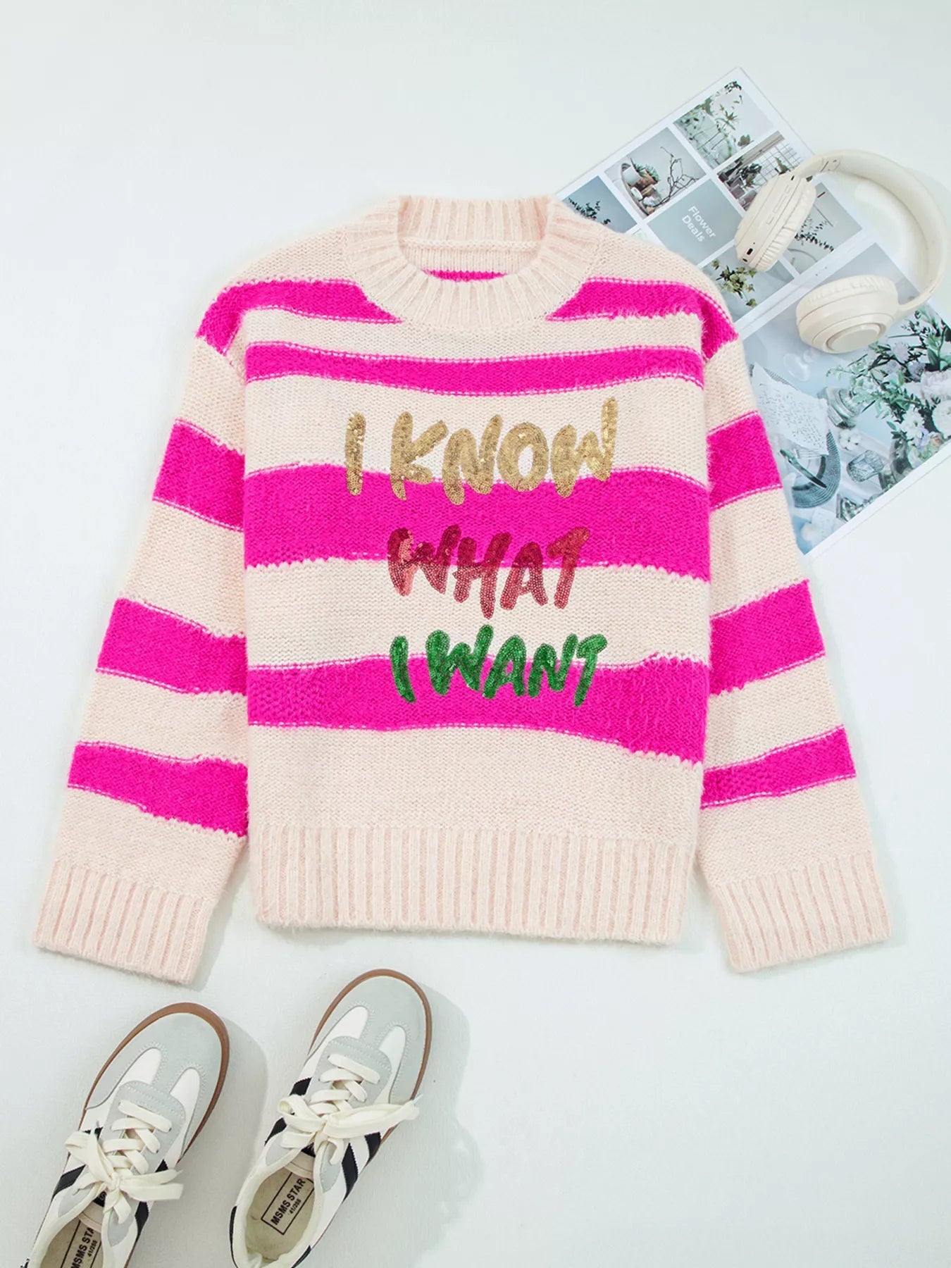 Sequin Letter Graphic Colorblock Loose Sweater 