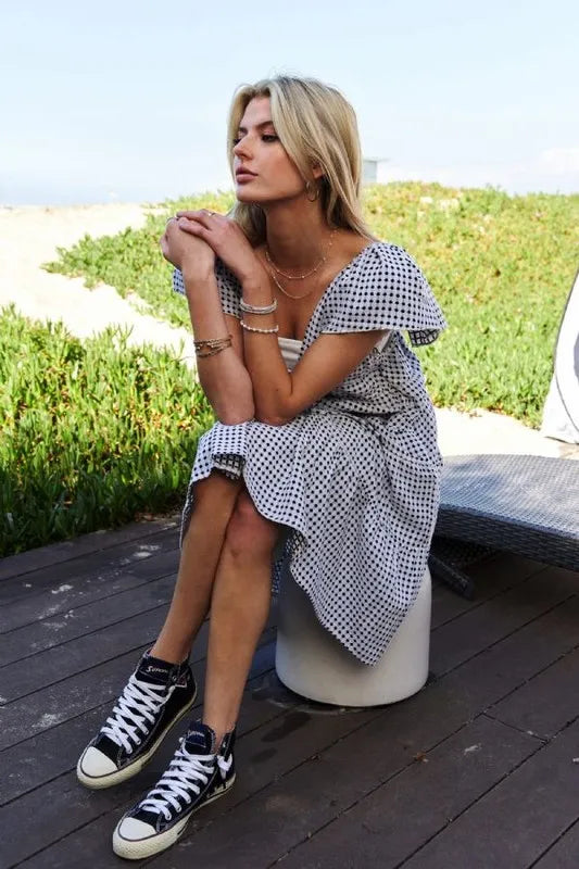 Davi & Dani Jacquard V-Neck Flutter Cap Sleeve Tiered Dress 