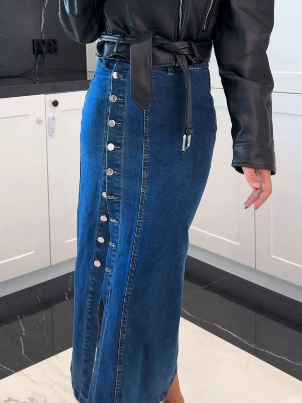 Front Button Slit Midi Denim Skirt 