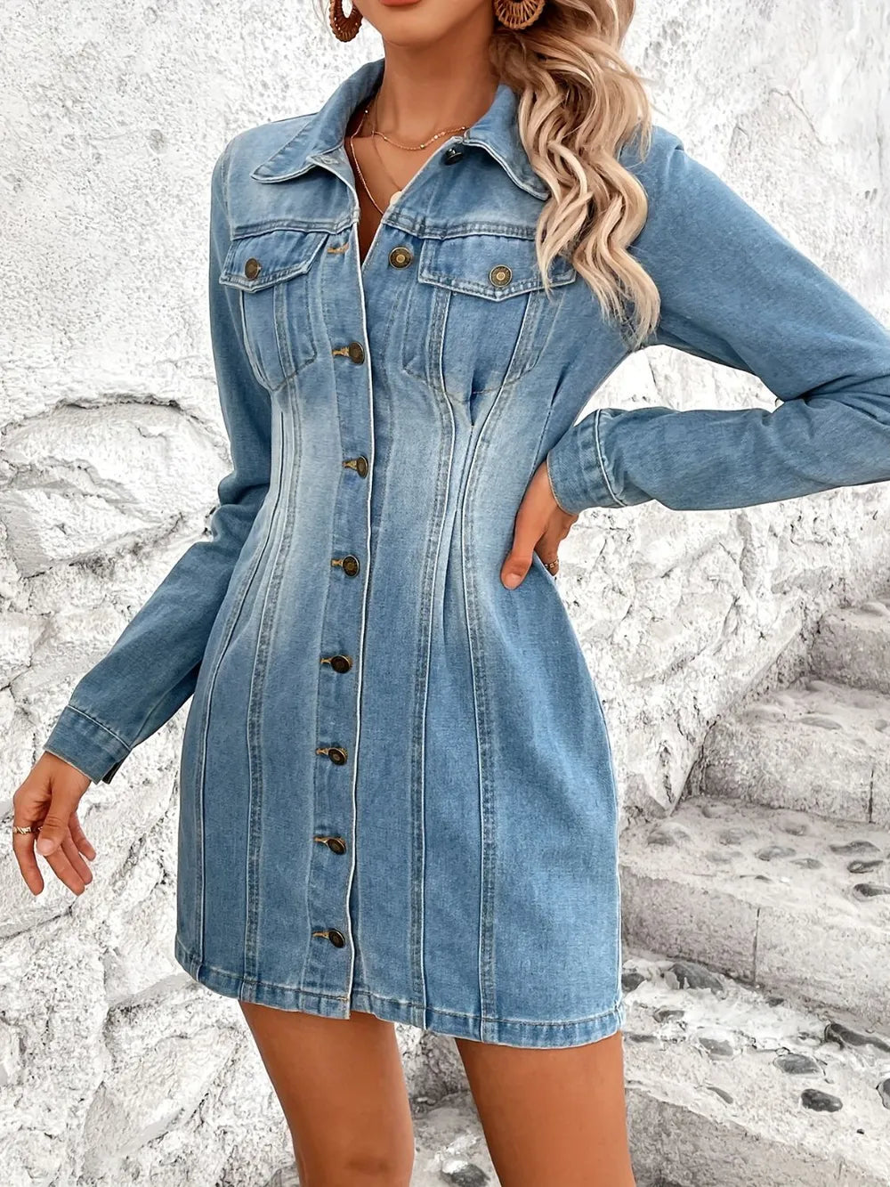 Pocketed Button Up Long Sleeve Denim Dress 