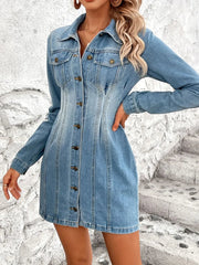 Pocketed Button Up Long Sleeve Denim Dress 
