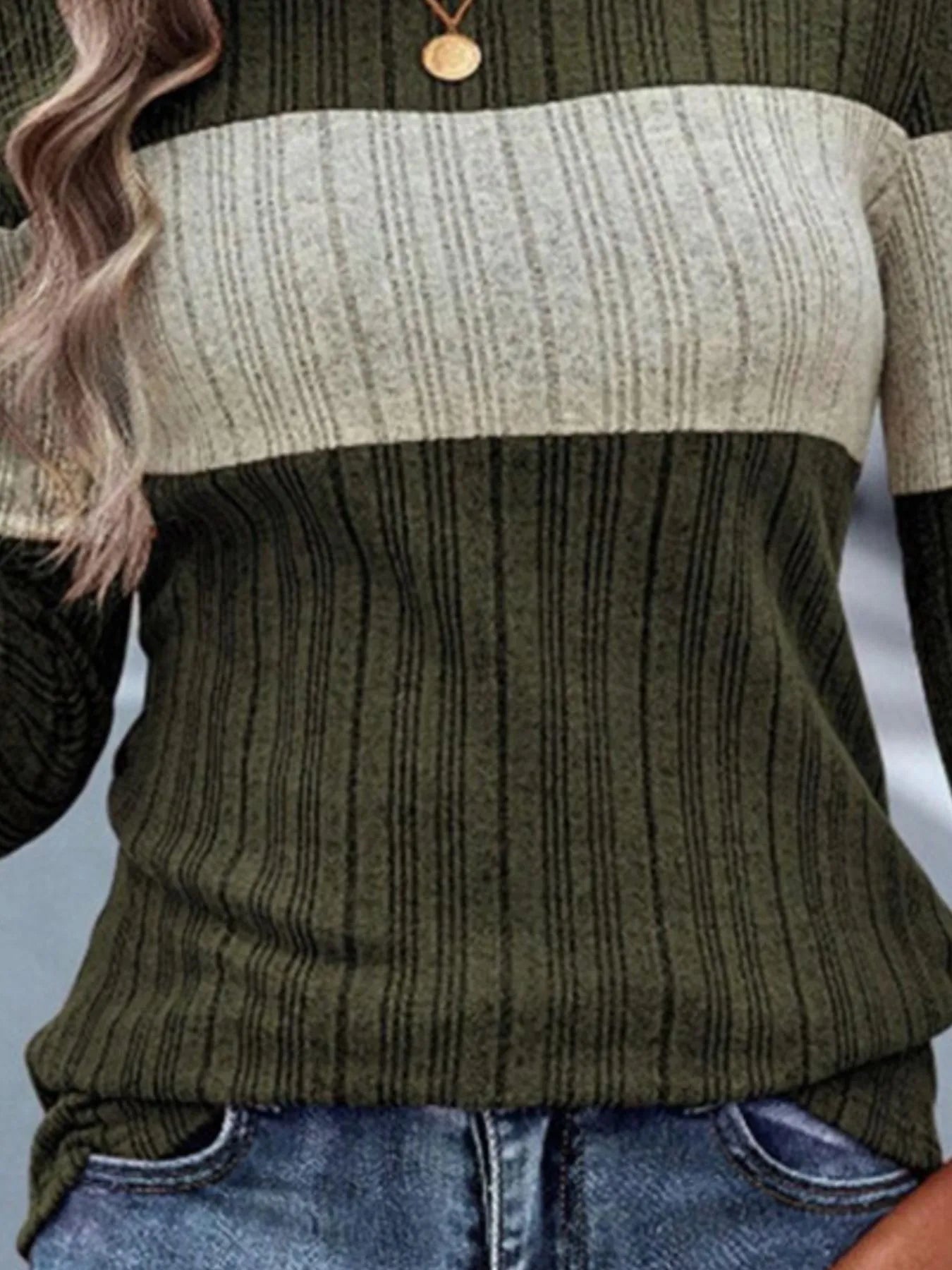 Color Block Round Neck Long Sleeve Sweater 