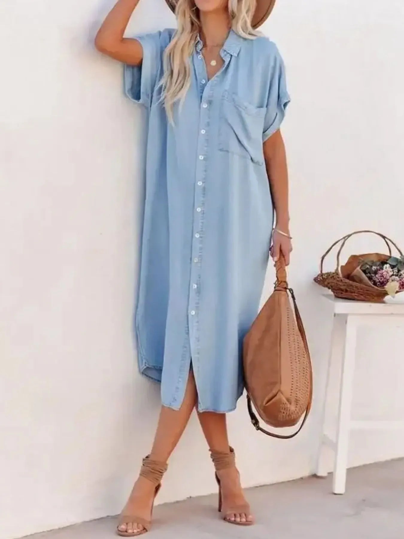 Button Down Denim Midi Shirt Dress 