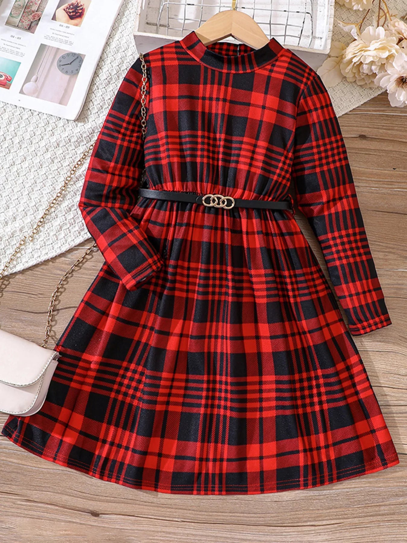 Children's Plaid Print Long Sleeve Dress 