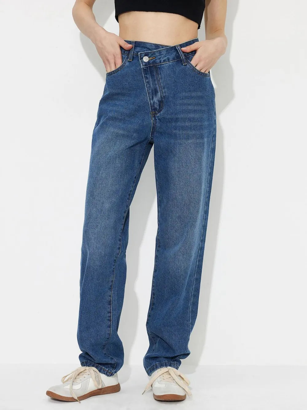 Asymmetric Waist Jeans with Pockets 