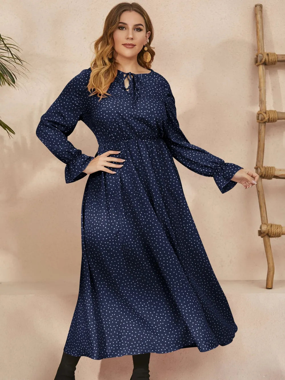 Honey Plus Size Ruffled Polka Dot Long Sleeve Midi Dress 