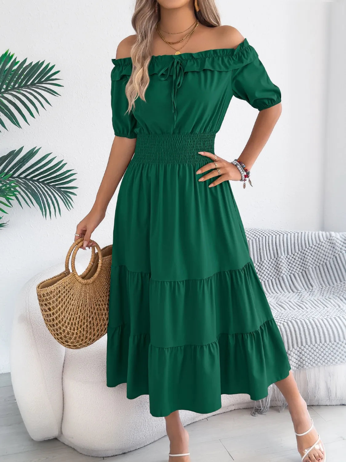 Smocked Off-Shoulder Tiered Dress 