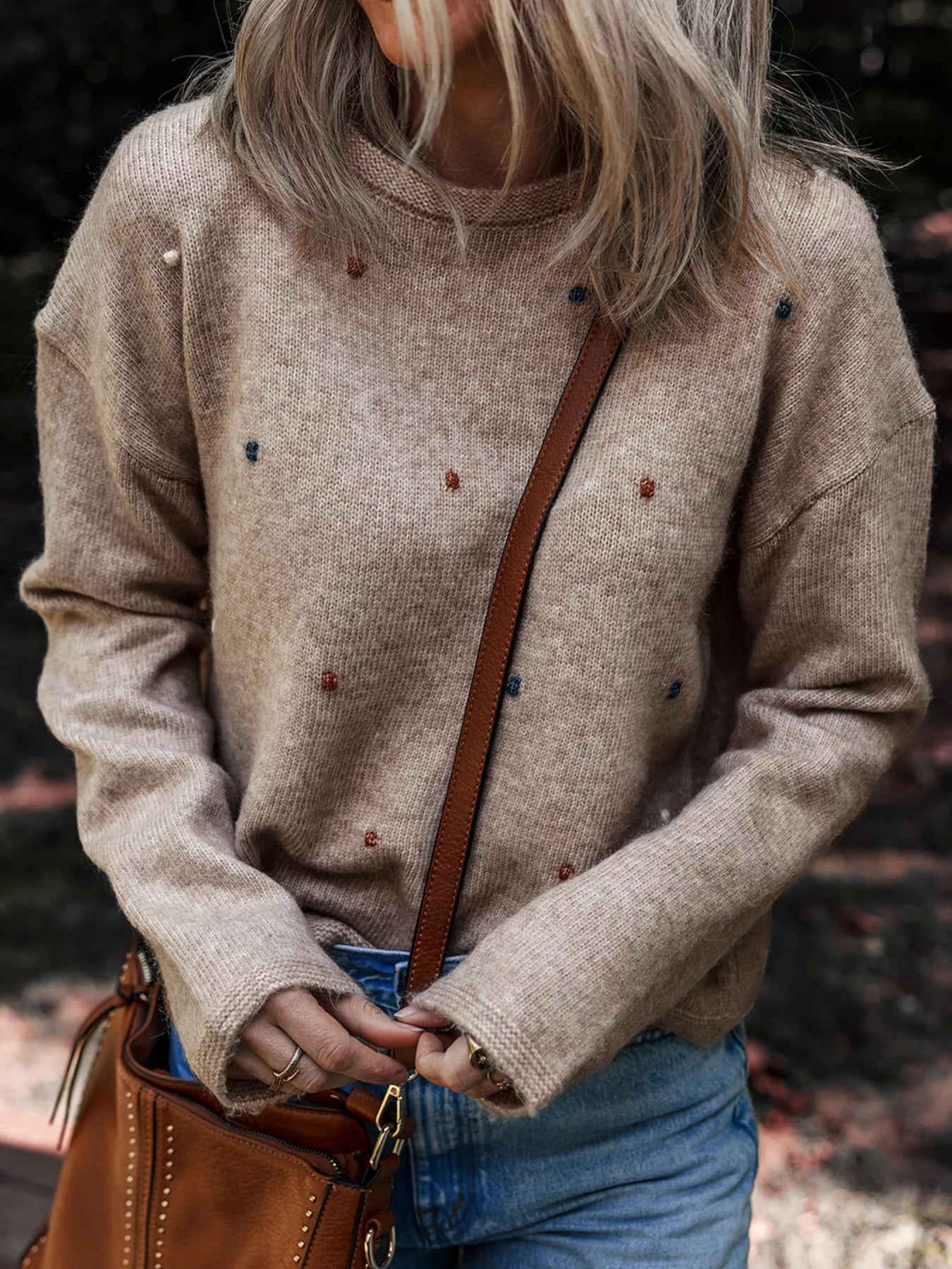 Contrast Colored Dot Detail Drop Shoulder Sweater 