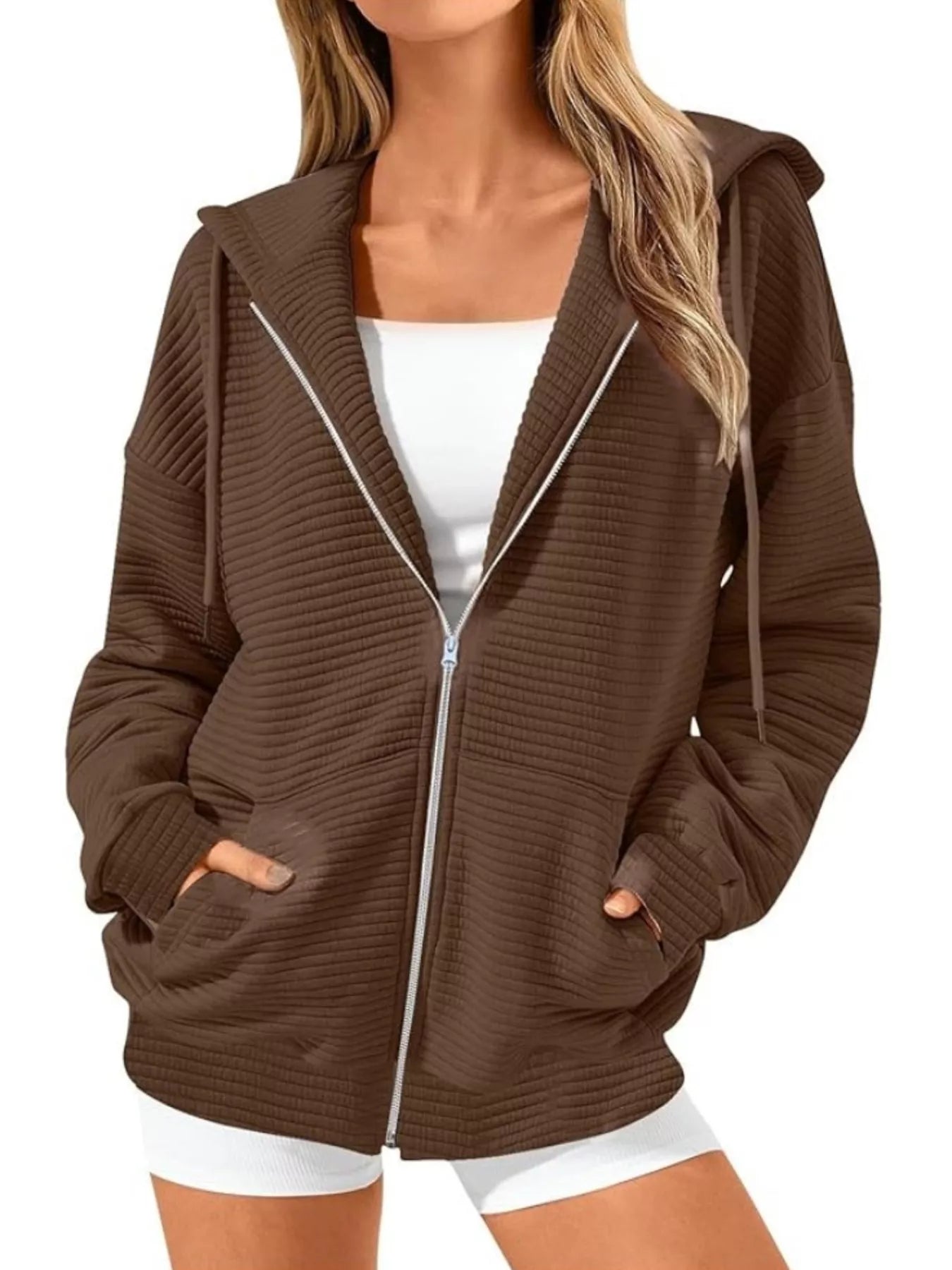 Drawstring Zip Up Dropped Shoulder Hoodie 