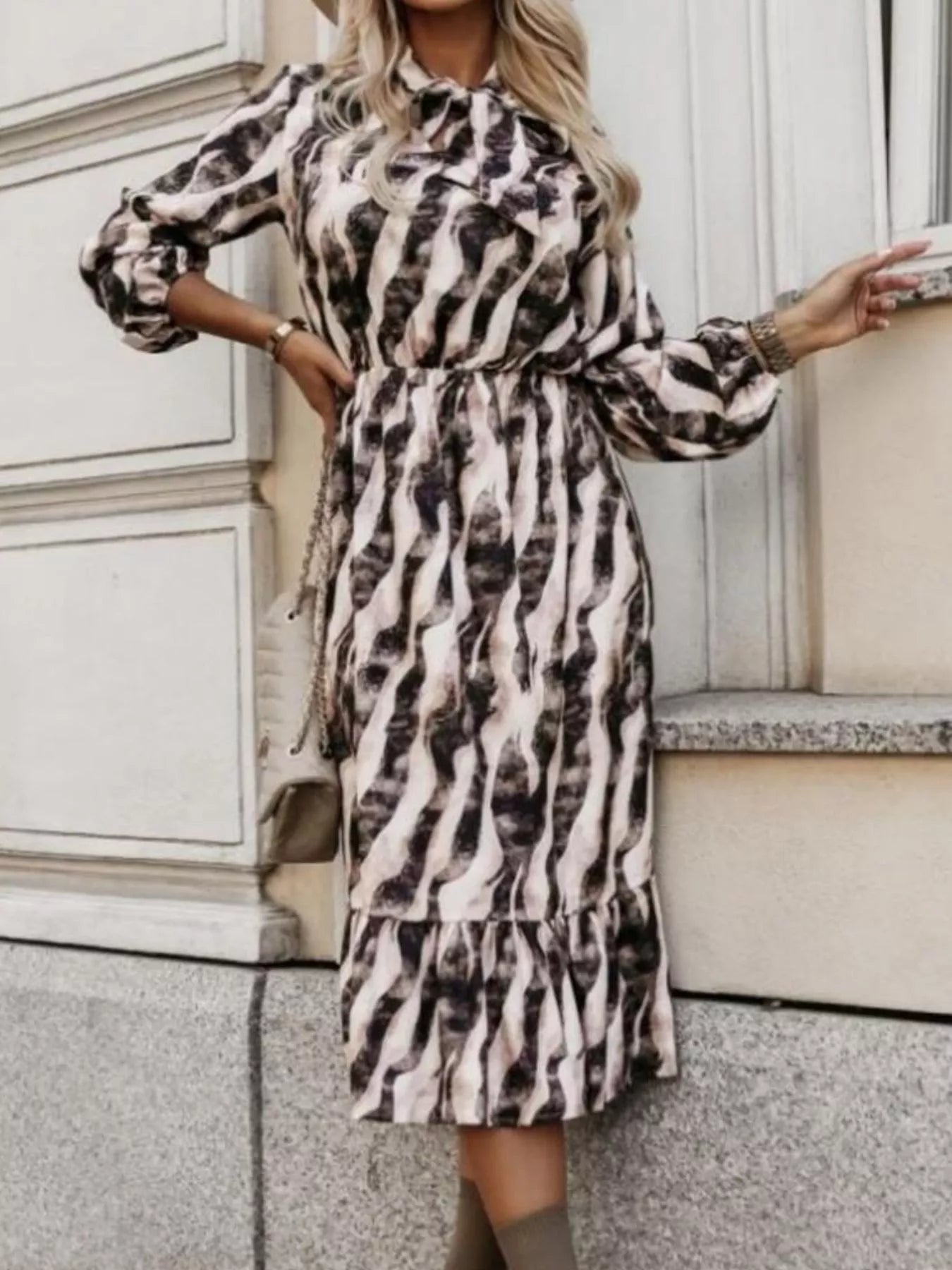 Ruffled Hem Striped Long Sleeve Dress 