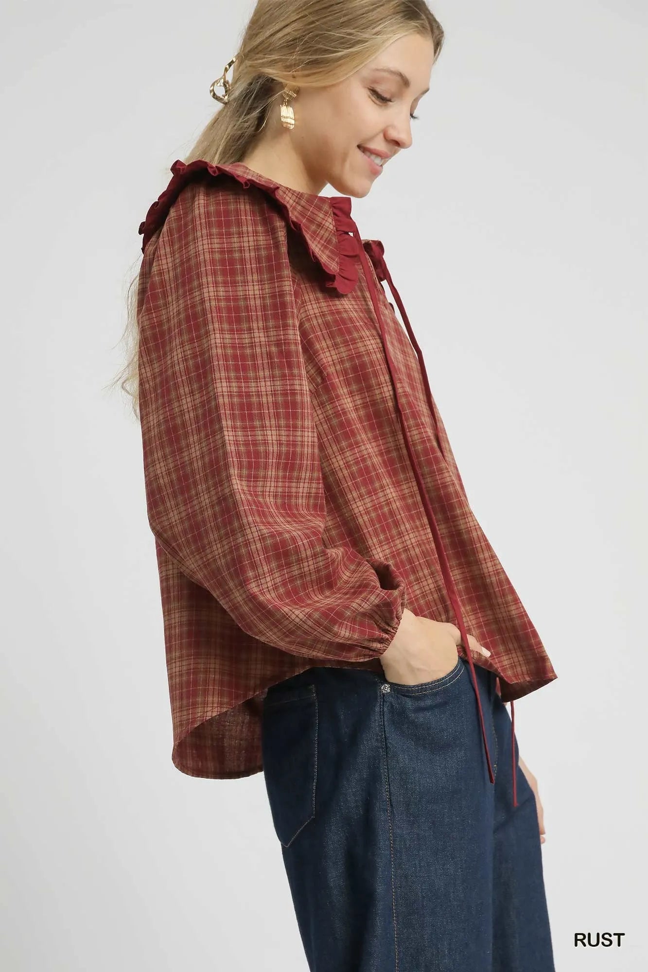 Umgee Full Size Plaid Ruffle Collar Blouse Plus Size 