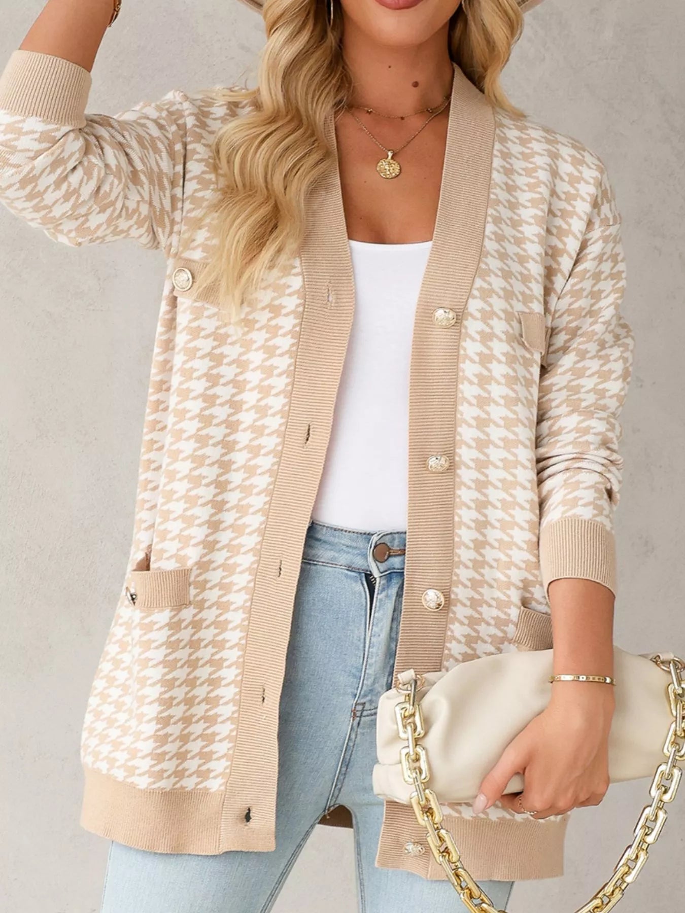 Contrast Edge Metal Button Slim Cardigan with Pockets 