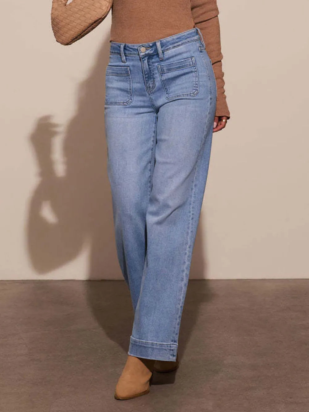 High Rise Front Pocket Patch Wide Leg Jeans 