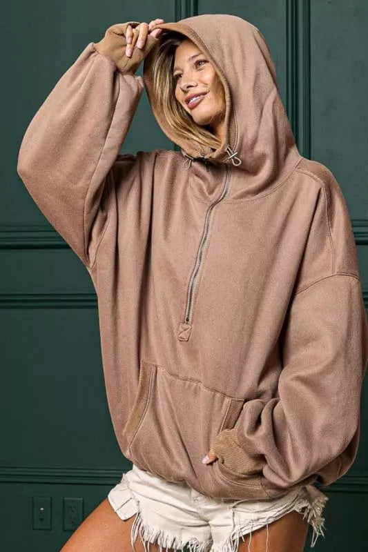 BiBi Stitch Detailed Elastic Hem Half Zip Fleece Hoodie 