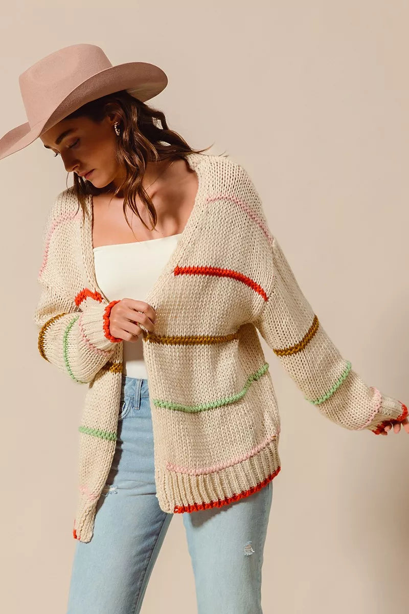 SO ME Loose Fit Multi Stripe Open Front Cardigan 