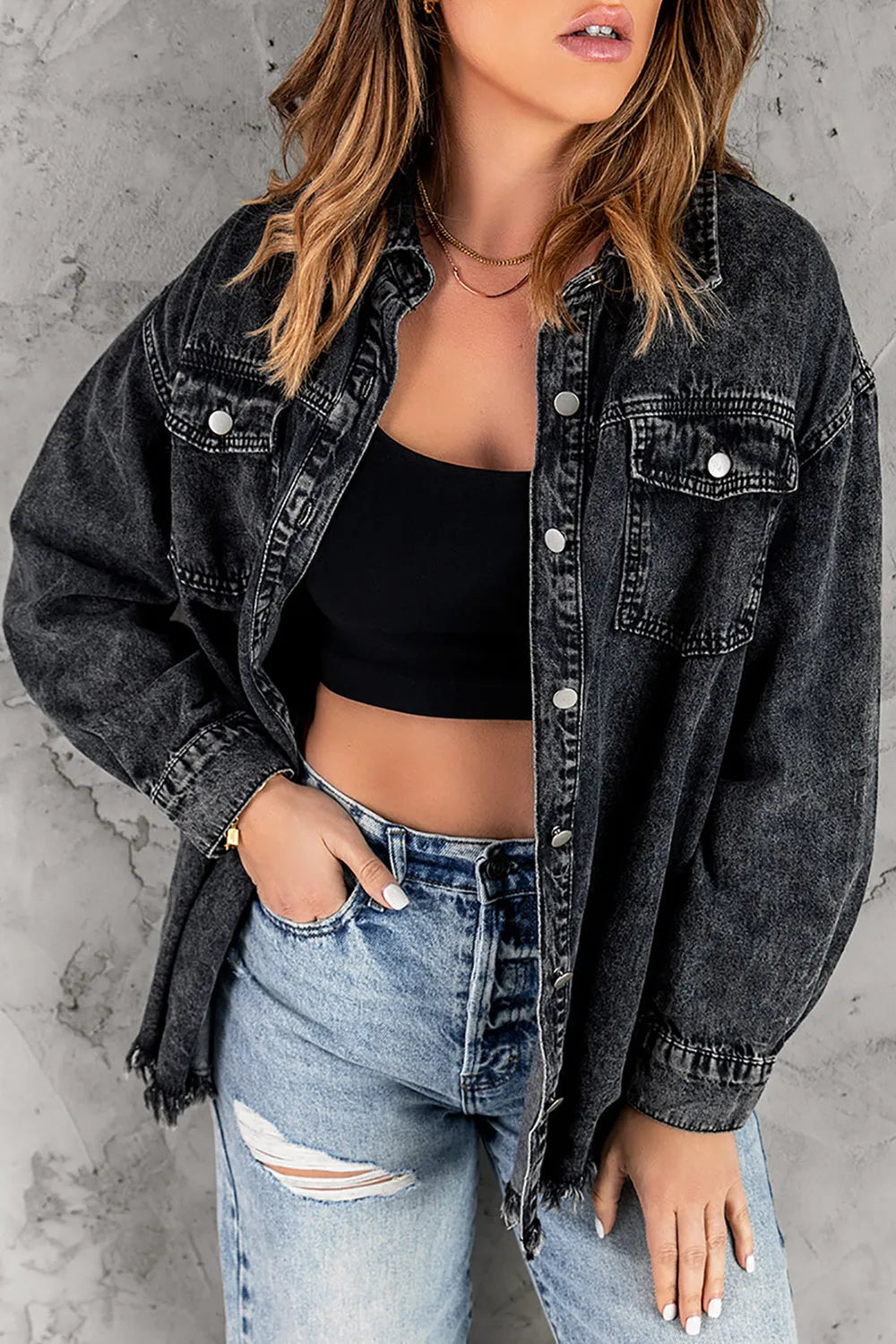Button Up Pocketed Raw Hem Denim Jacket 