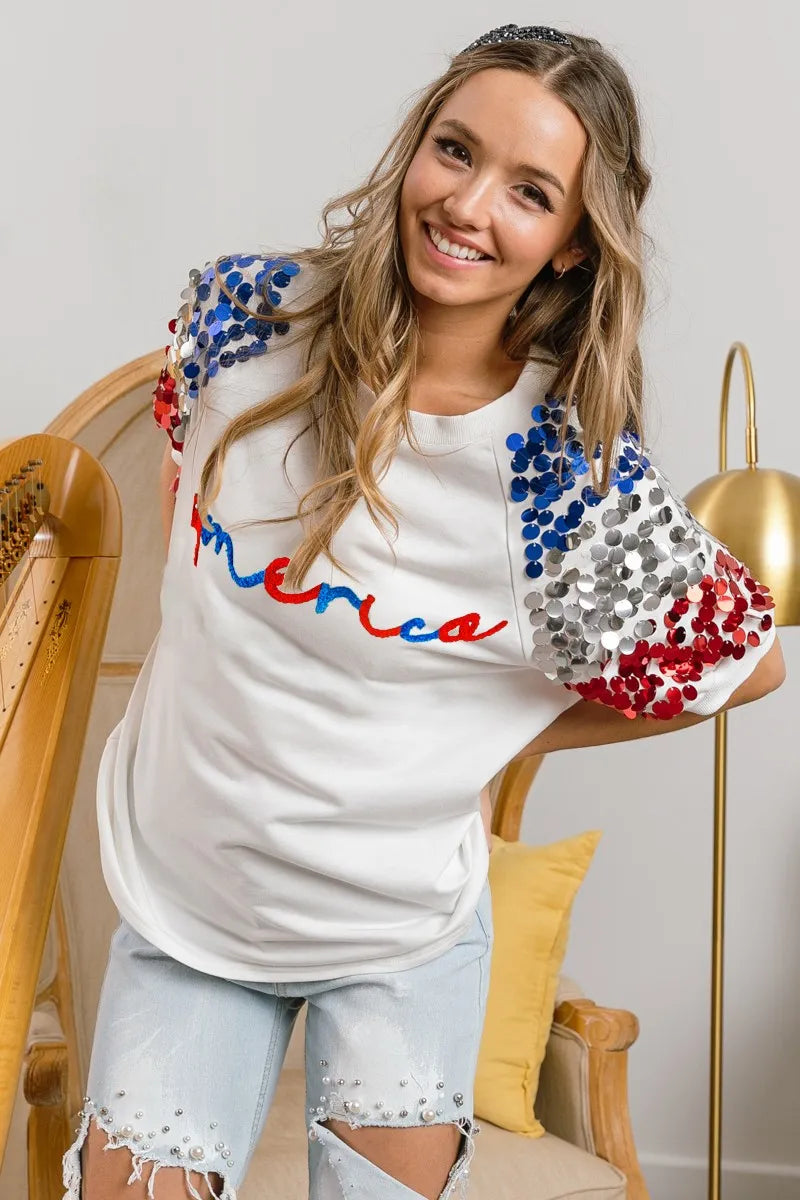 BiBi America Letter Applique Spangle Puff Sleeves Top 