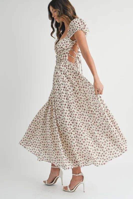 MABLE Floral Print Puff Sleeve Gathered Midi Dress 