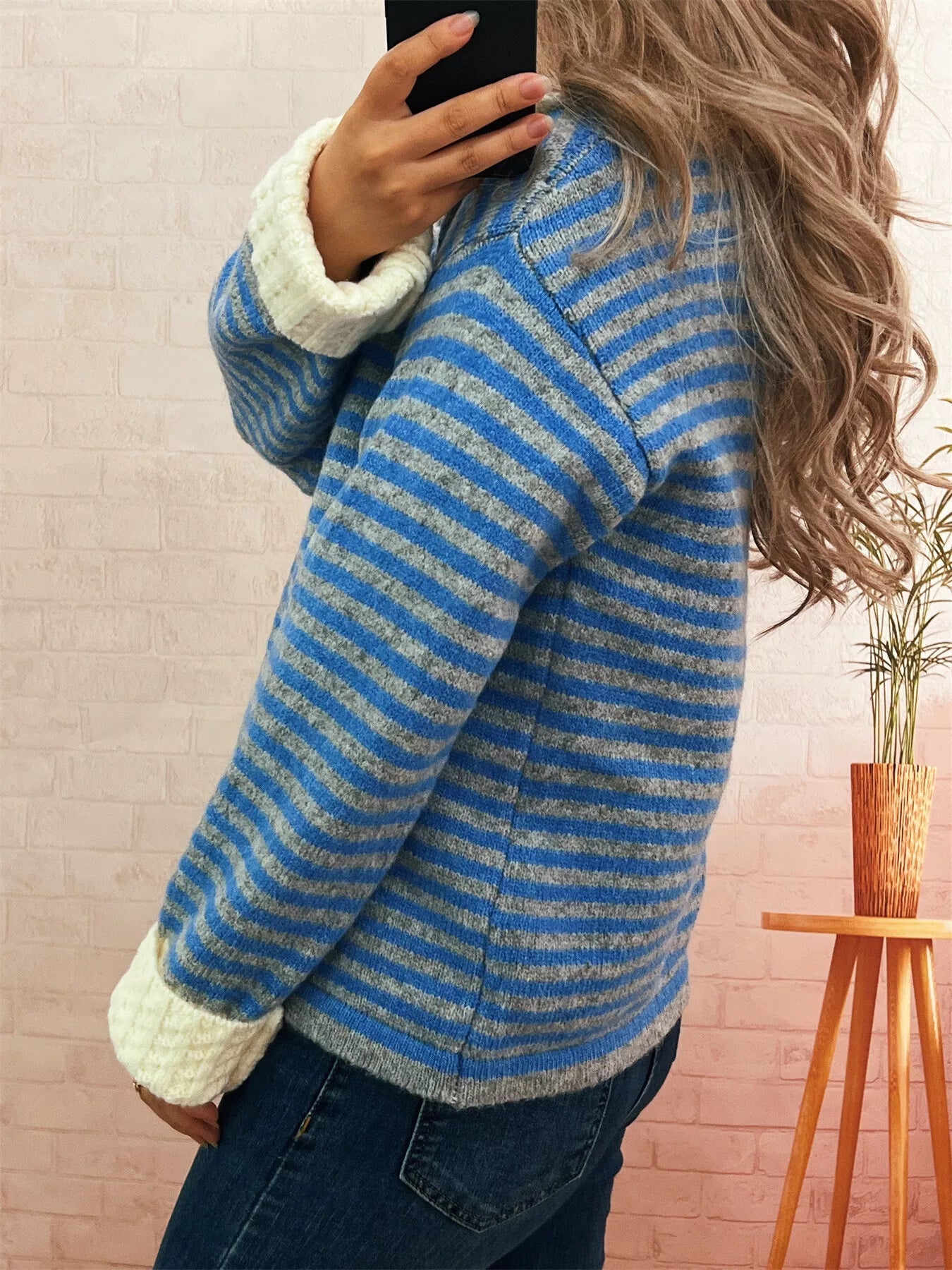Striped Knit Button Down Cardigan with Collar 