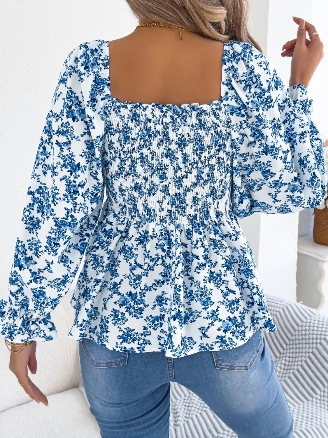Floral Square Neck Flounce Sleeve Blouse 