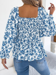 Floral Square Neck Flounce Sleeve Blouse 
