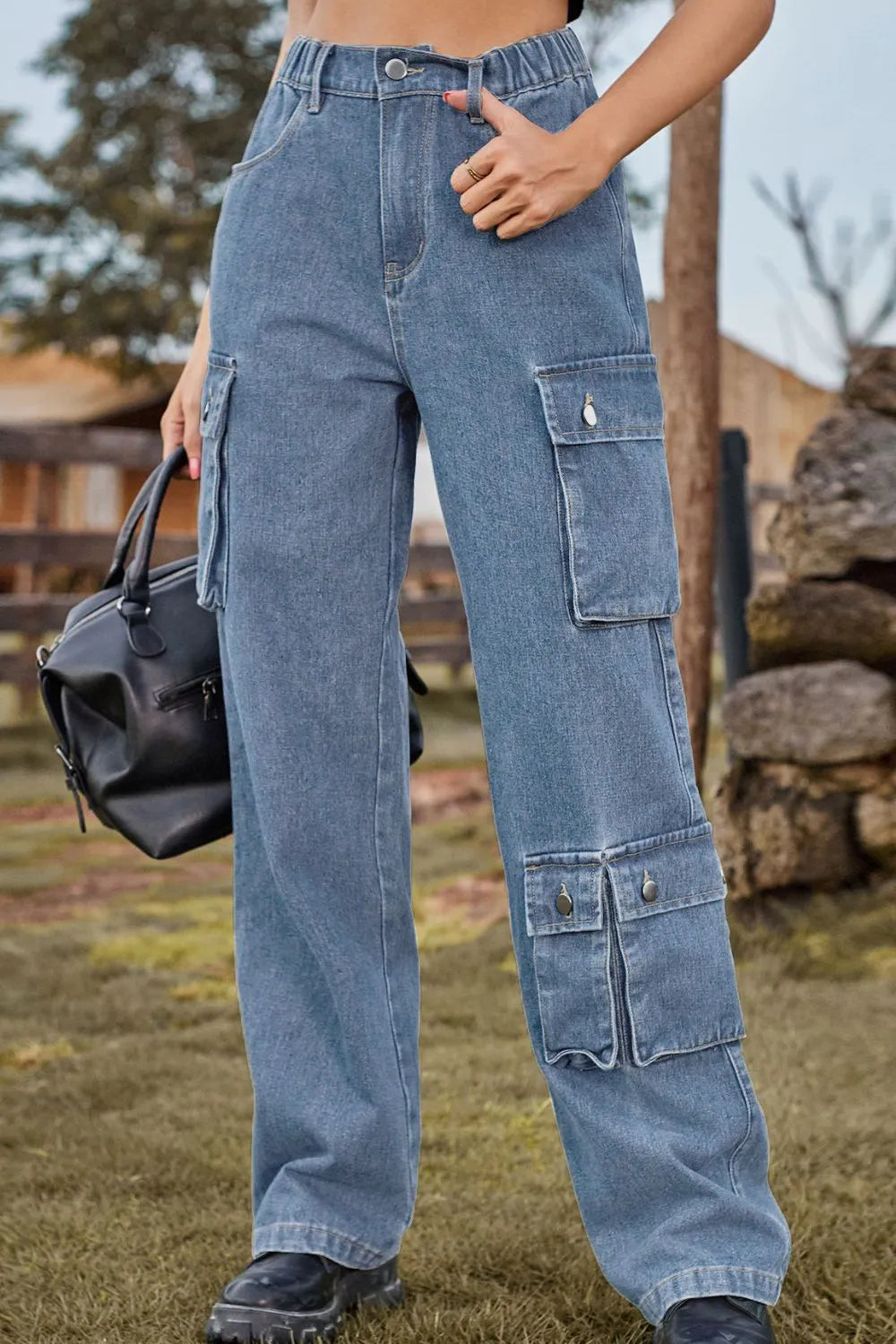 Loose Fit Long Jeans with Pockets 