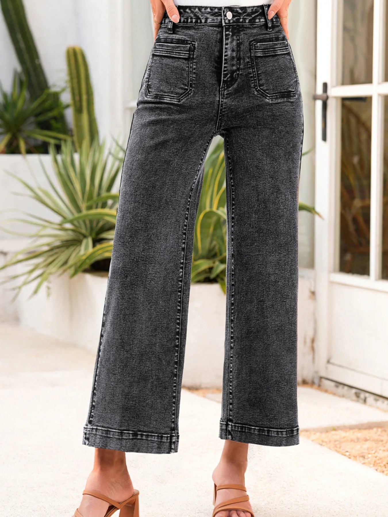 High-Waisted Wide Leg Washed Jeans 