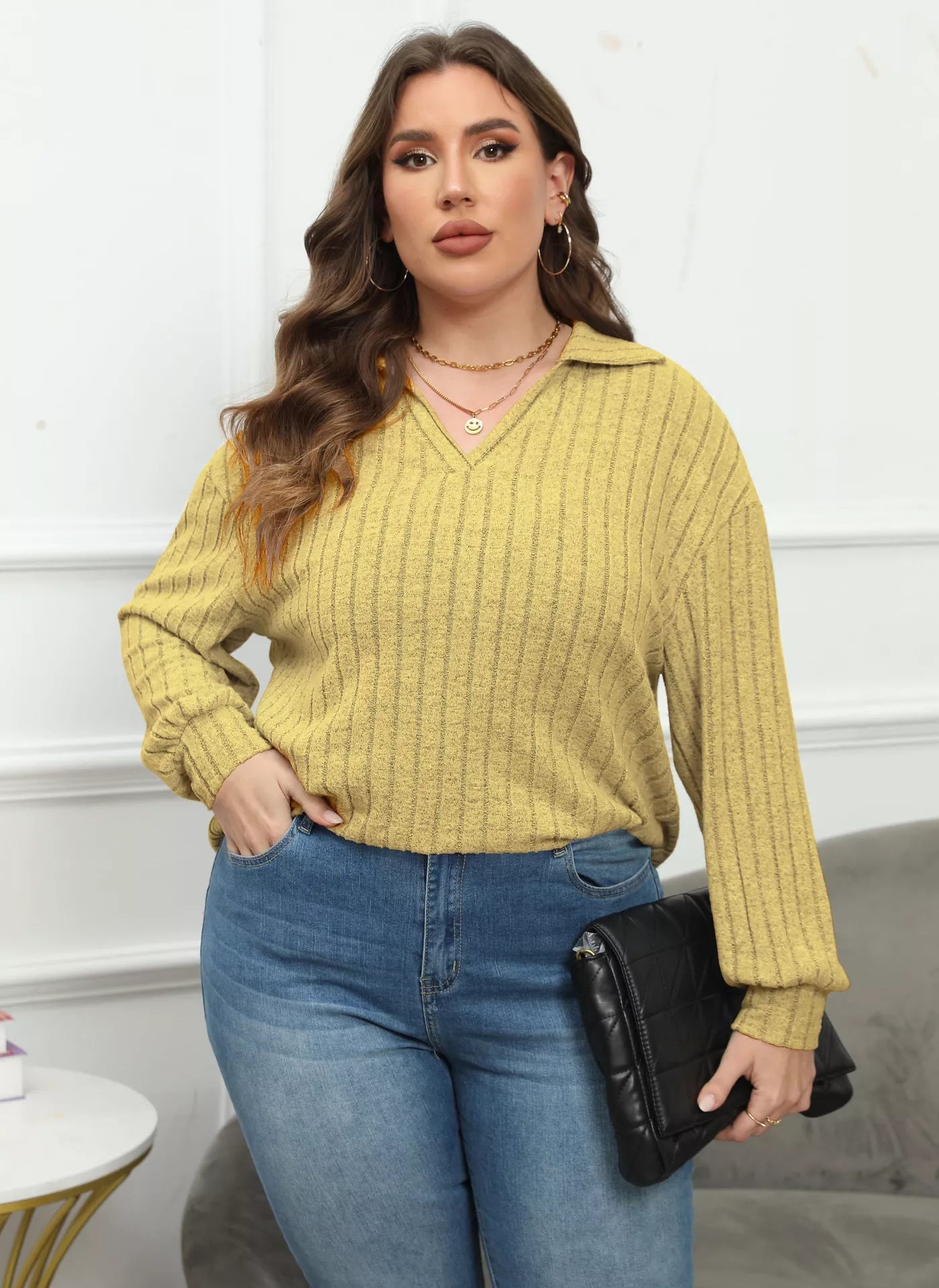 Plus Size Ribbed Knit Polo Collar T-Shirt 