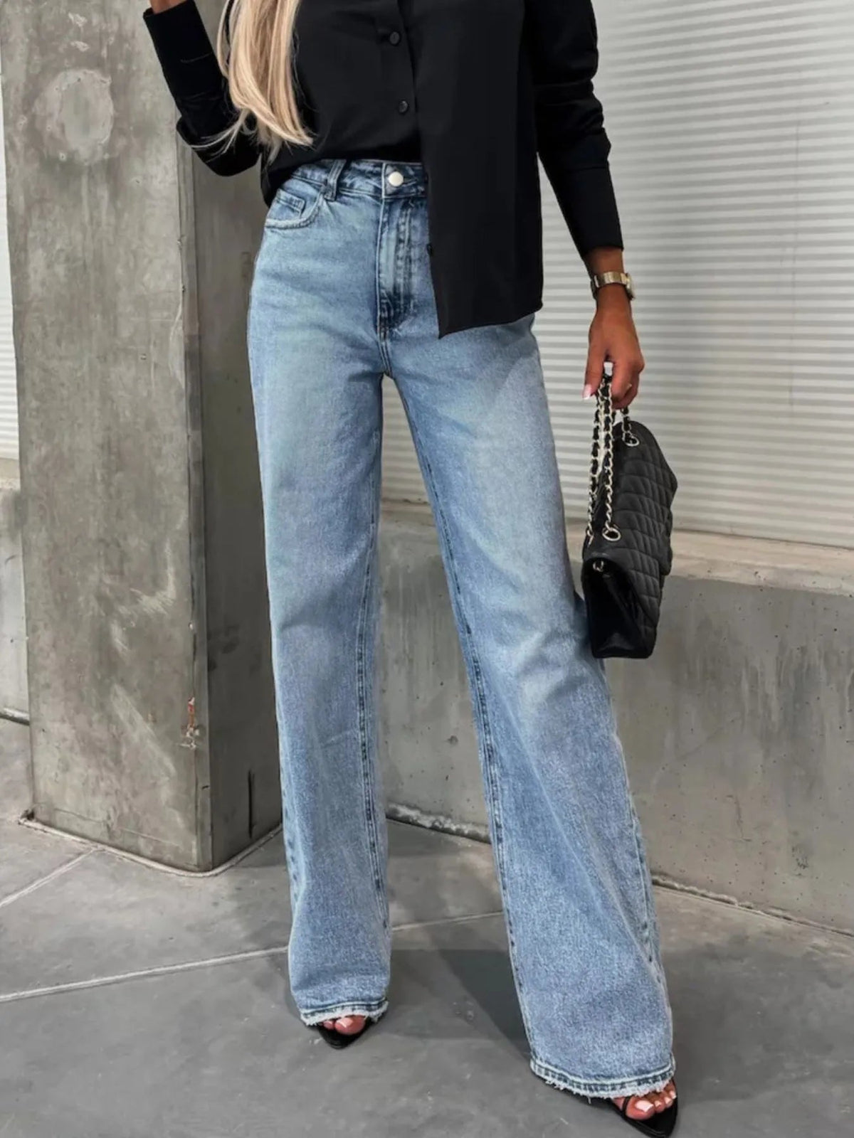 High-Waist Wash Raw Hem Jeans 