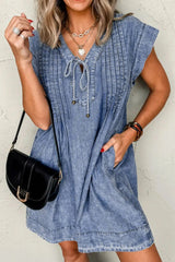 Tie V Neck Tucking Detail Short Sleeve Denim Dress 
