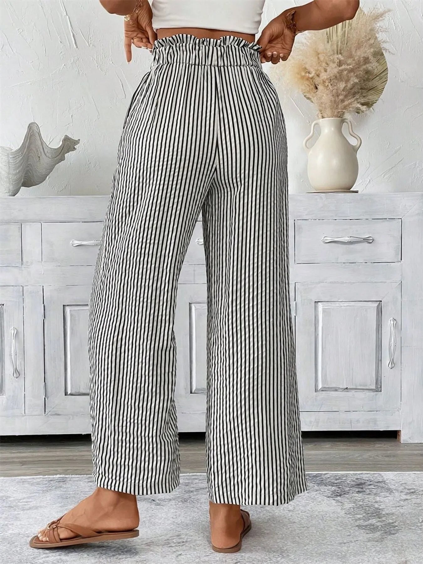 Full Size Striped Wide Leg Paper Bag Pants Plus Size 