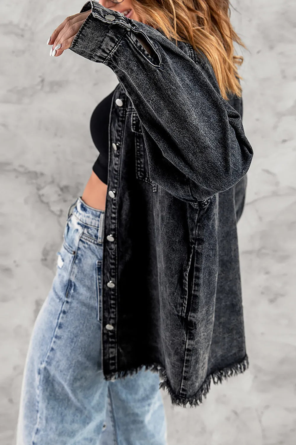 Button Up Pocketed Raw Hem Denim Jacket 