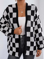 Checkerboard Pattern Open Front Knit Cardigan 