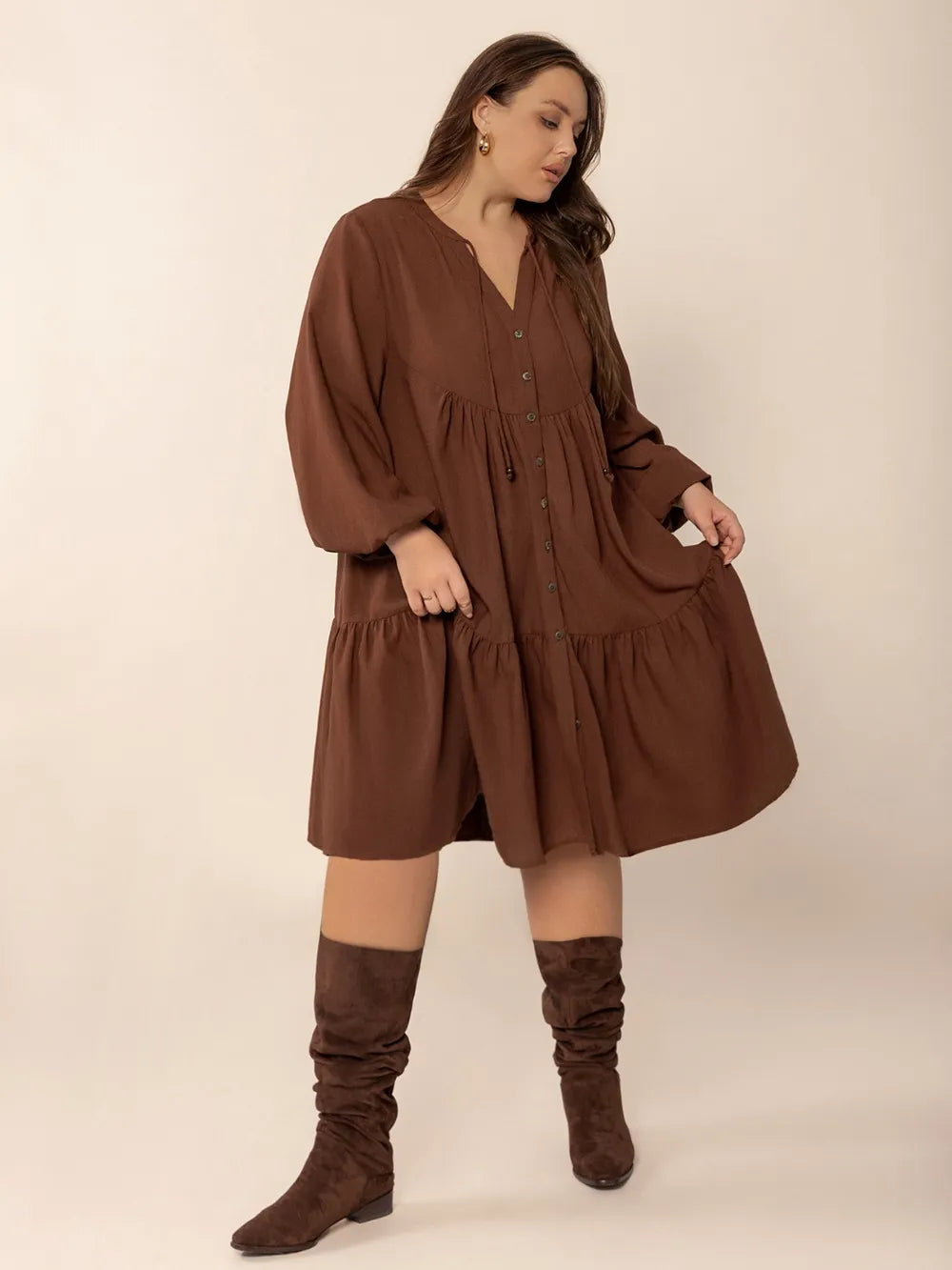 Plus Size Tie Neck Balloon Sleeve Tiered Dress 