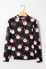 Christmas Santa Print Mesh Long Sleeve Top 