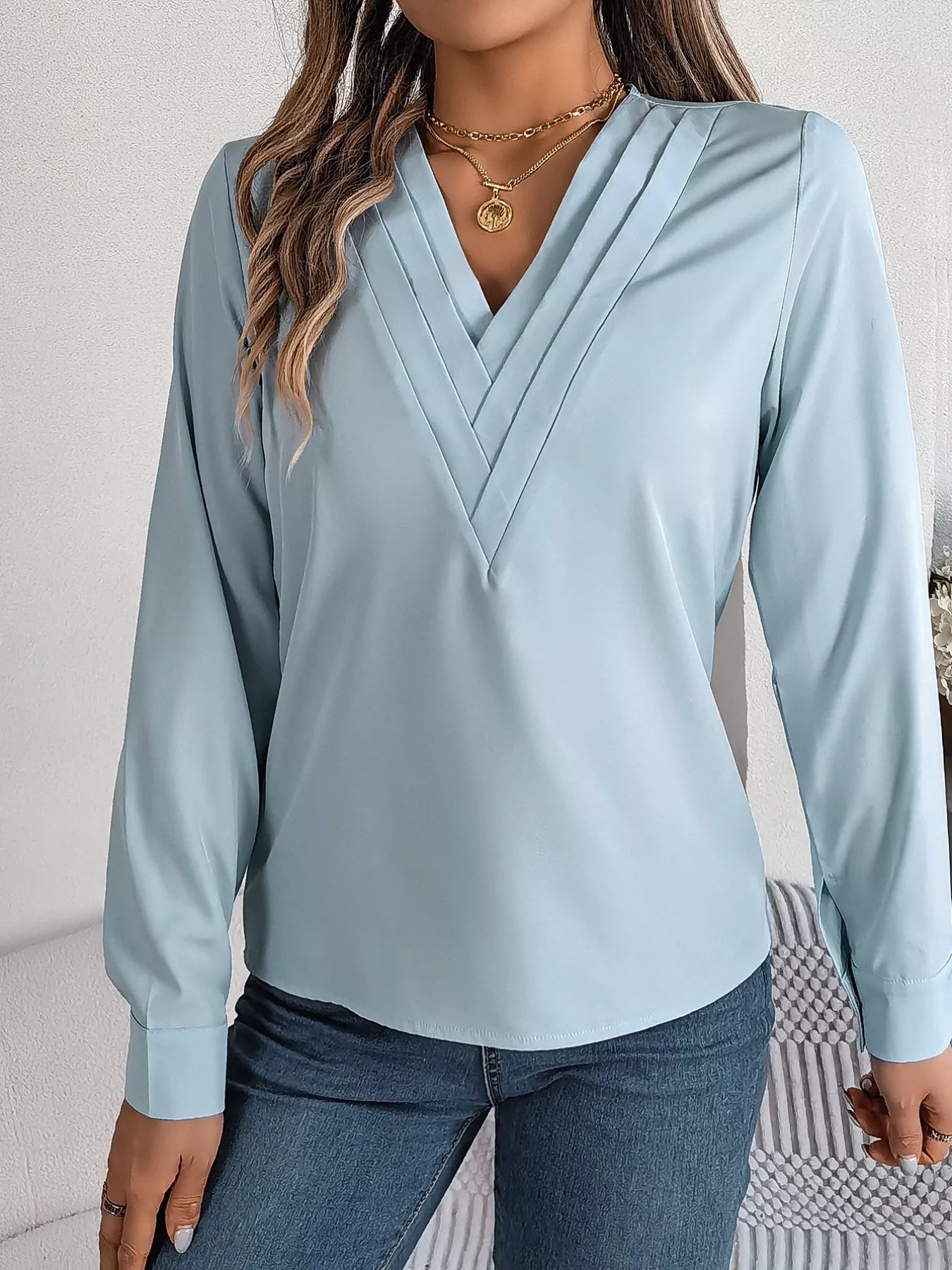 Layered V-Neck Long Sleeve Blouse 
