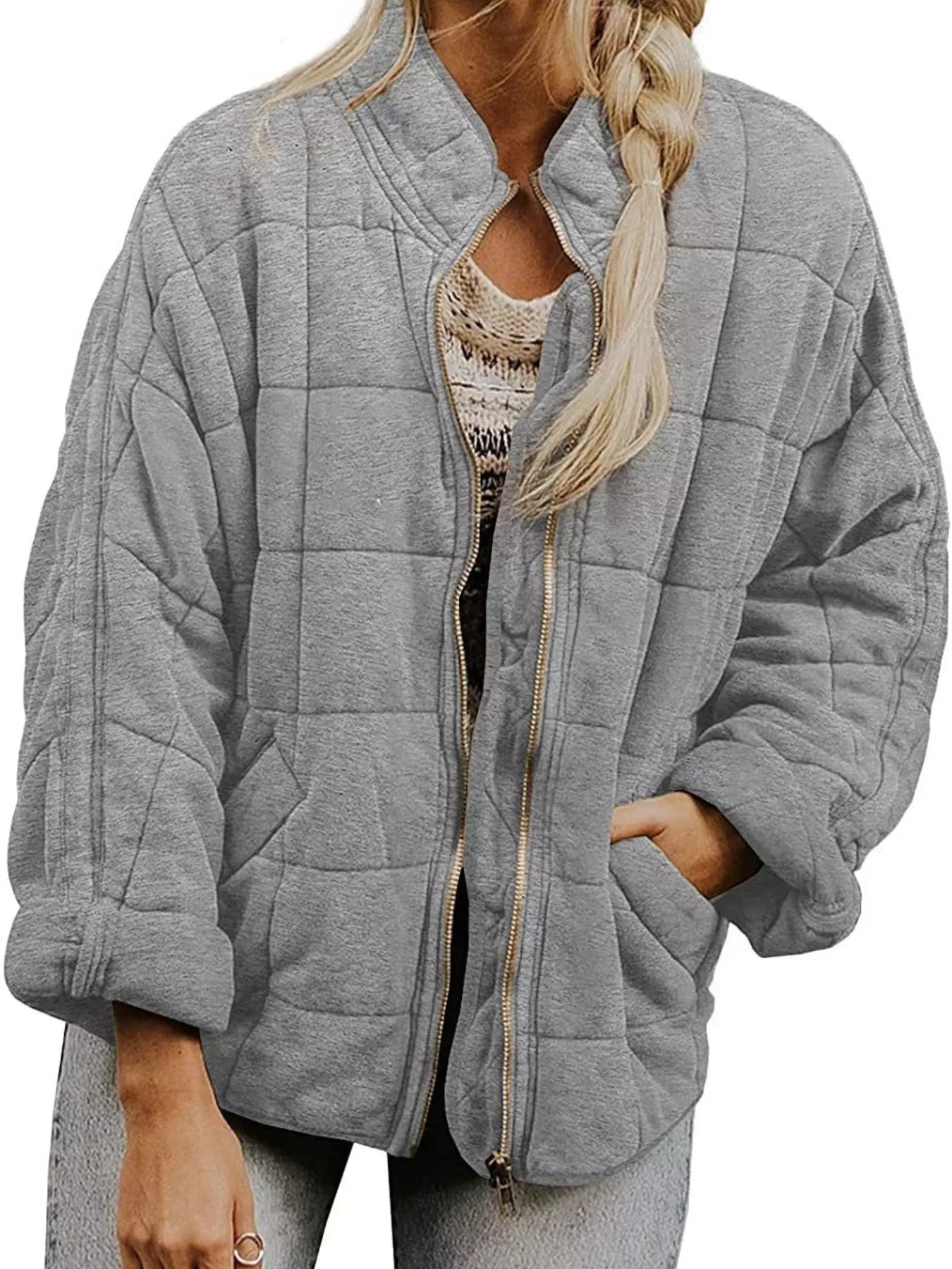 Full Size Zip Up Quilted Bomber Jacket Plus Size 
