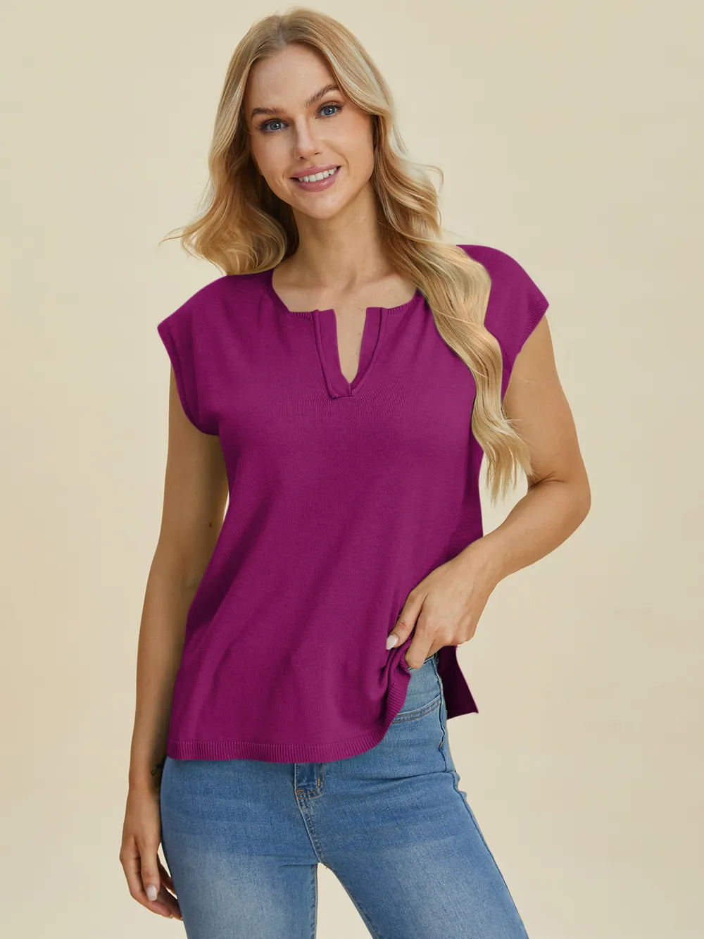 Double Take Full Size Notched Cap Sleeve Knit Top 