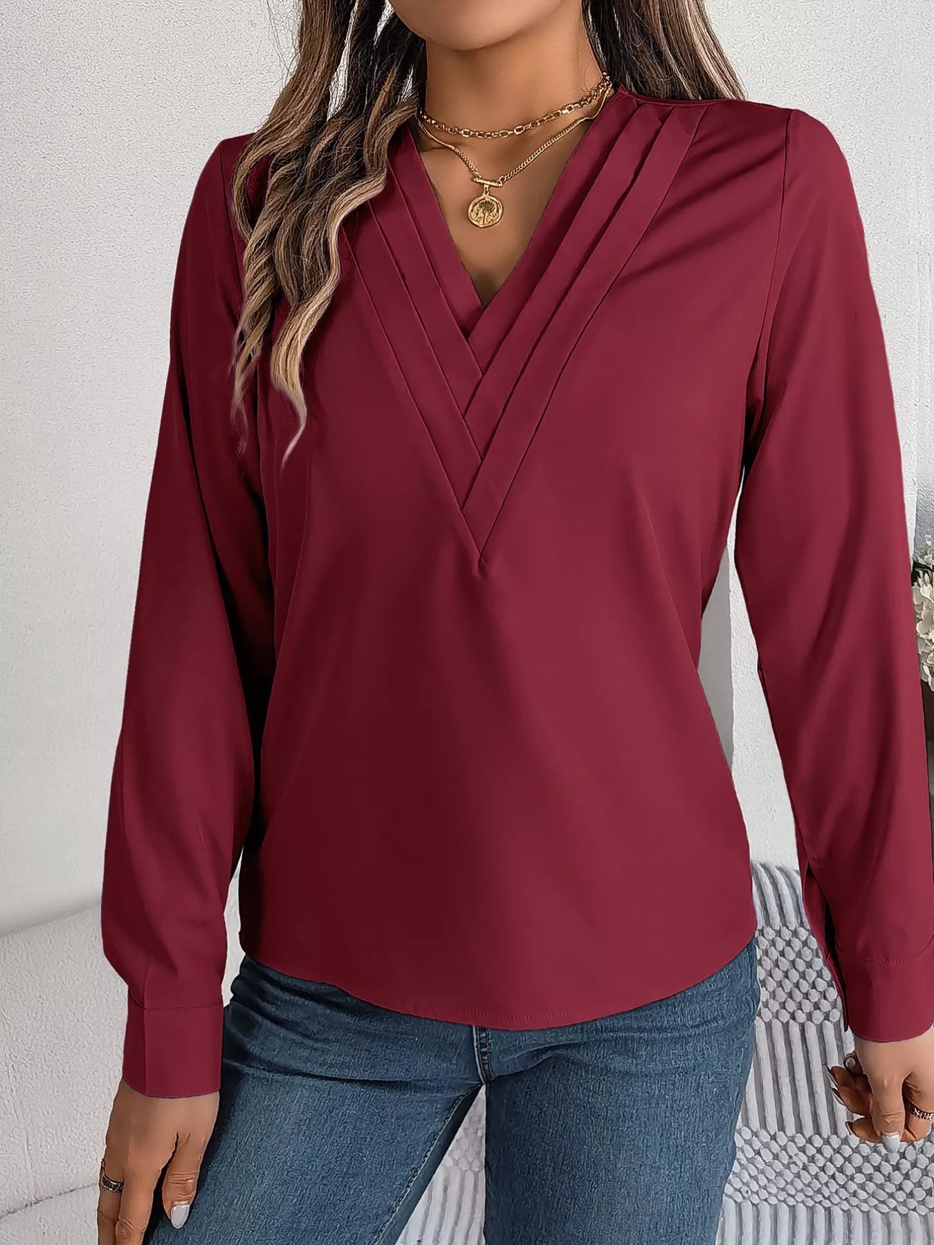 Layered V-Neck Long Sleeve Blouse 