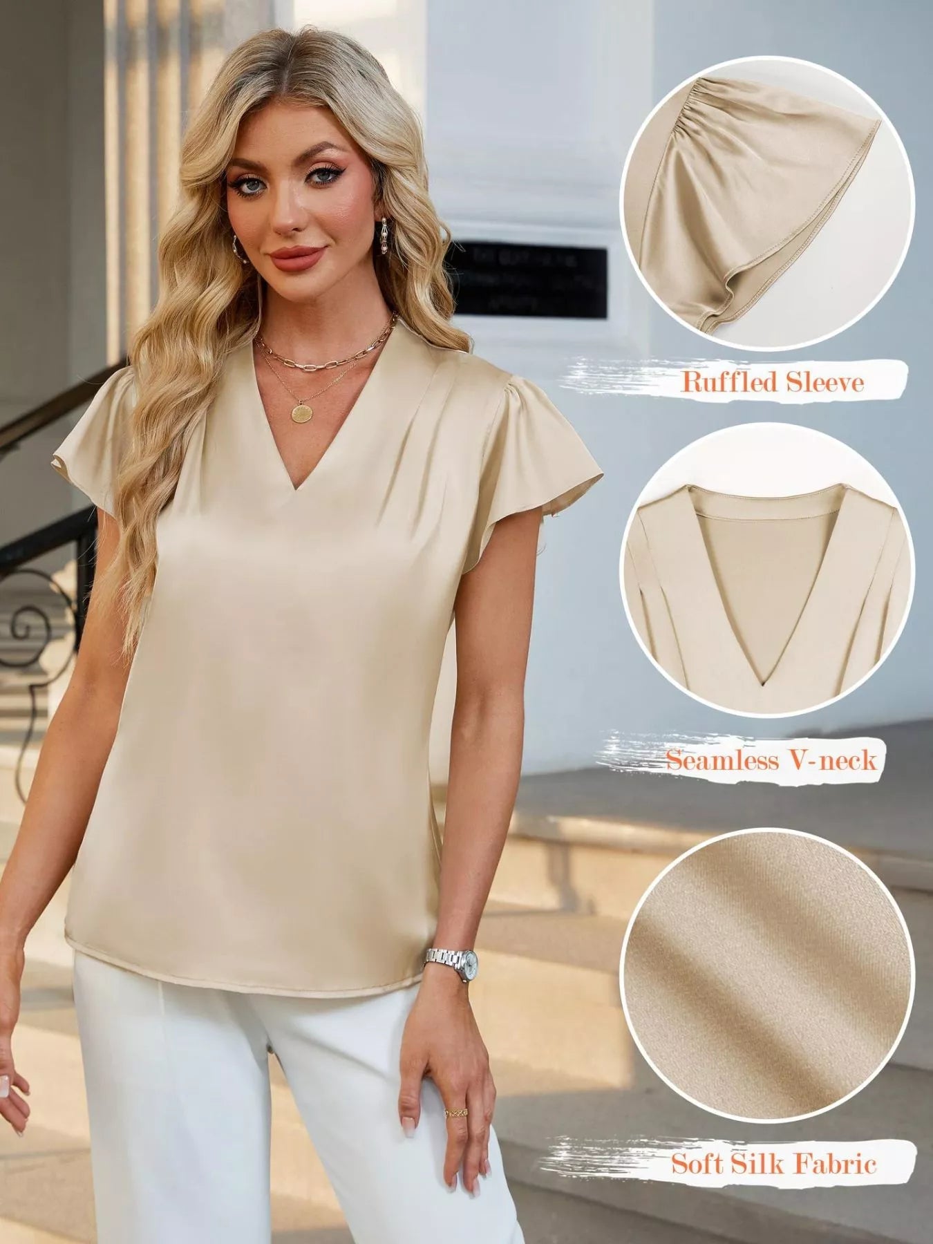 Satin V-Neck Flutter Sleeve Blouse 