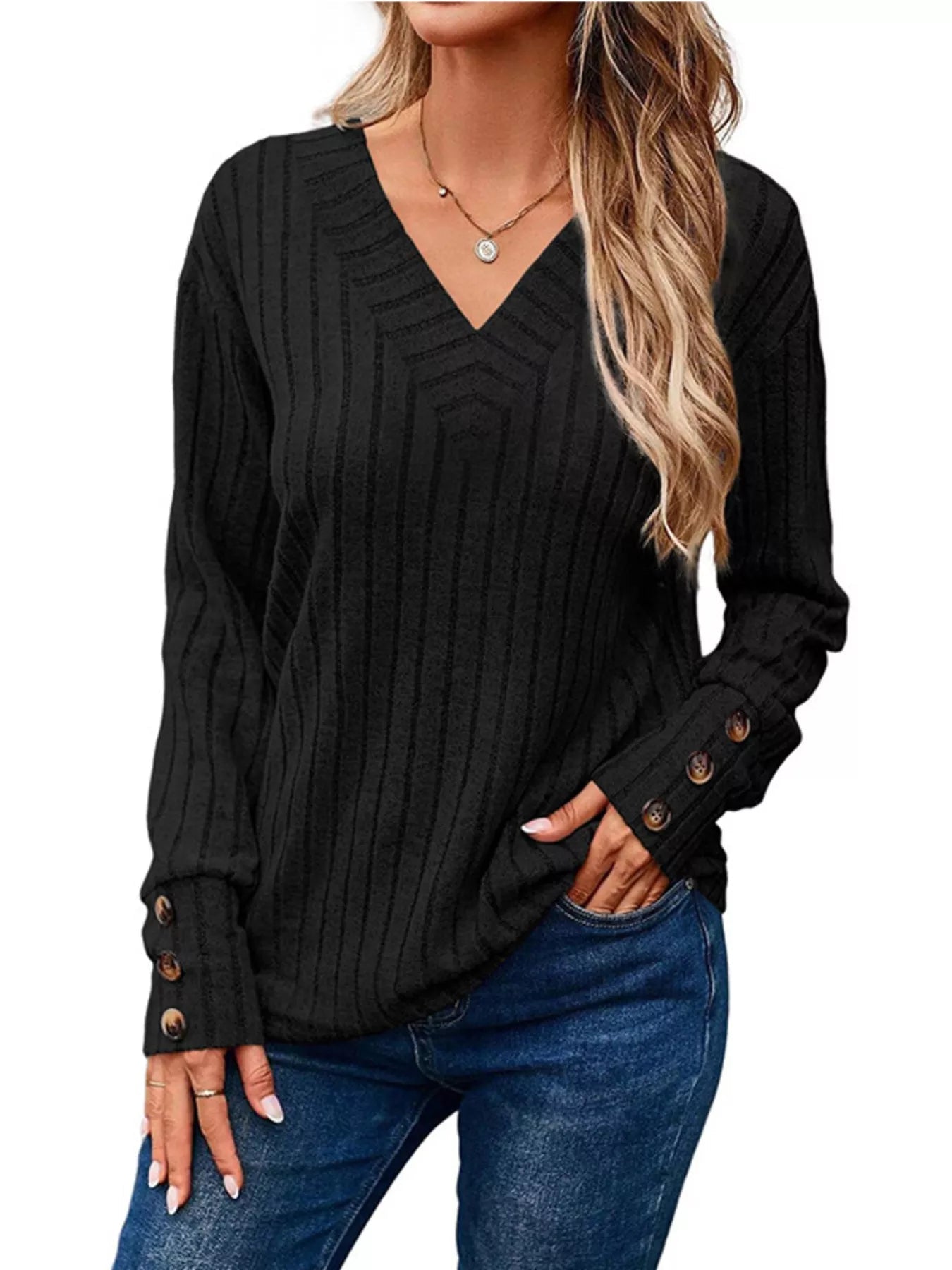 Ribbed V-Neck Long Sleeve Top 