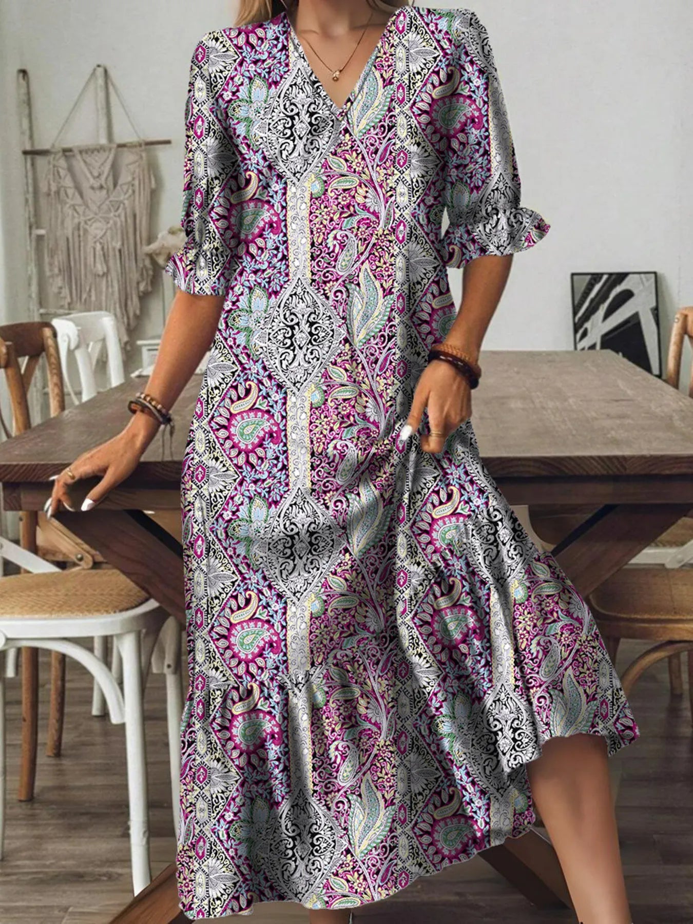 Full Size Bohemian Paisley Print V-Neck Midi Dress Plus Size 