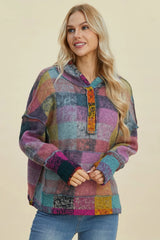 Double Take Full Size Plaid Dropped Shoulder Fleece Hoodie 